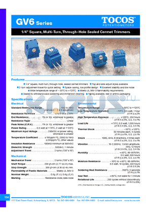 GV6VTB101M datasheet - 1/4 Square, Multi-Turn, Through-Hole Sealed Cermet Trimmers