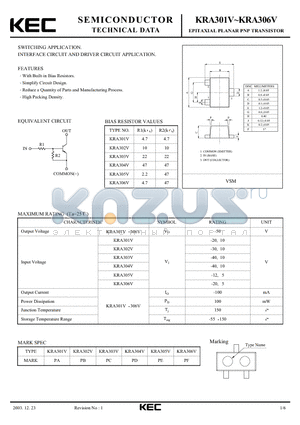 KRA301V datasheet - EPITAXIAL PLANAR PNP TRANSISTOR