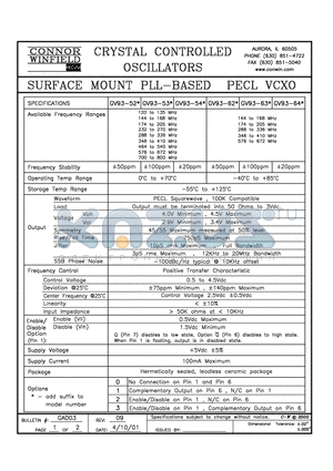 GV93-52 datasheet - SURFACE MOUNT PLL-BASED PECL VCXO