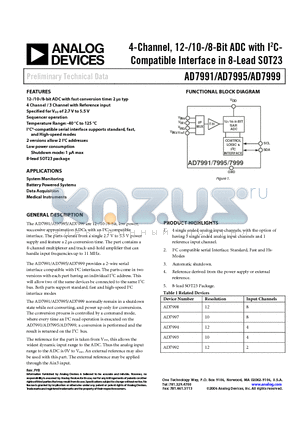 AD7999 datasheet - 4-Channel, 12-/10-/8-Bit ADC with I2CCompatible Interface in 8-Lead SOT23