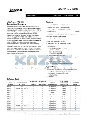 HIN240CN datasheet - 5V Powered RS-232 Transmitters/Receivers