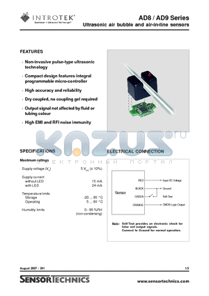 AD8-0001-B01 datasheet - Ultrasonic air bubble and air-in-line sensors