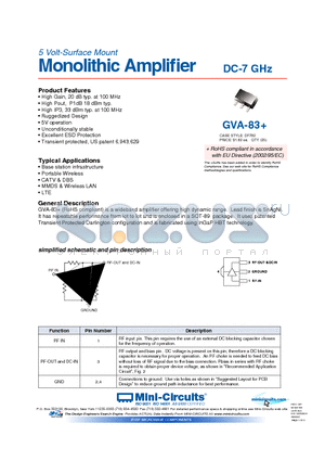 GVA-83+ datasheet - Monolithic Amplifier DC-7 GHz