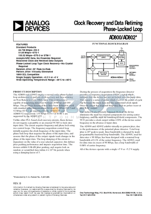 AD800-45BQ datasheet - Clock Recovery and Data Retiming Phase-Locked Loop