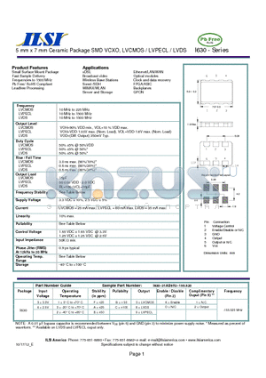 I630 datasheet - 5 mm x 7 mm Ceramic Package SMD VCXO, LVCMOS / LVPECL / LVDS