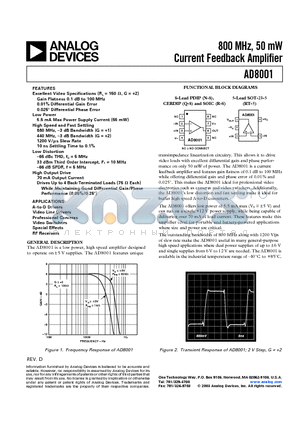 AD8001AQ datasheet - 800 MHz, 50 mW Current Feedback Amplifier