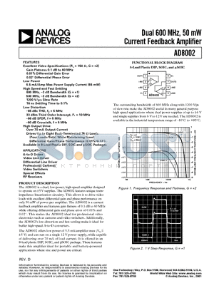 AD8002ARM datasheet - Dual 600 MHz, 50 mW Current Feedback Amplifier