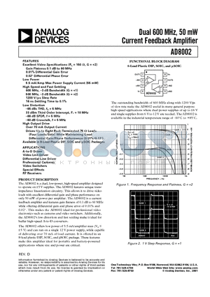 AD8002ARM-REEL7 datasheet - Dual 600 MHz, 50 mW Current Feedback Amplifier