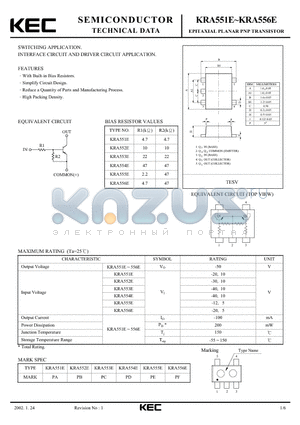 KRA554E datasheet - EPITAXIAL PLANAR PNP TRANSISTOR (SWITCHING, INTERFACE CIRCUIT AND DRIVER CIRCUIT)