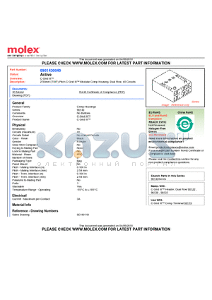 90143-0040 datasheet - 2.54mm (.100) Pitch C-Grid III Modular Crimp Housing, Dual Row, 40 Circuits