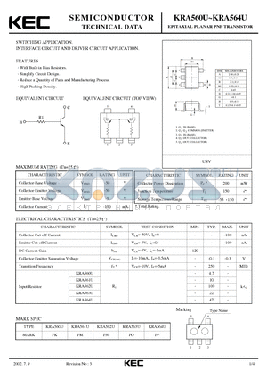 KRA563U datasheet - EPITAXIAL PLANAR PNP TRANSISTOR (SWITCHING, INTERFACE CIRCUIT AND DRIVER CIRCUIT)
