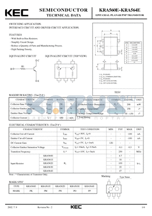 KRA564E datasheet - EPITAXIAL PLANAR PNP TRANSISTOR (SWITCHING, INTERFACE CIRCUIT AND DRIVER CIRCUIT)