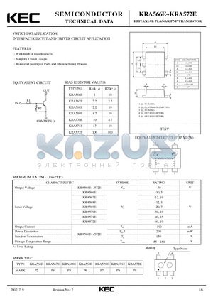 KRA567E datasheet - EPITAXIAL PLANAR PNP TRANSISTOR (SWITCHING, INTERFACE CIRCUIT AND DRIVER CIRCUIT)