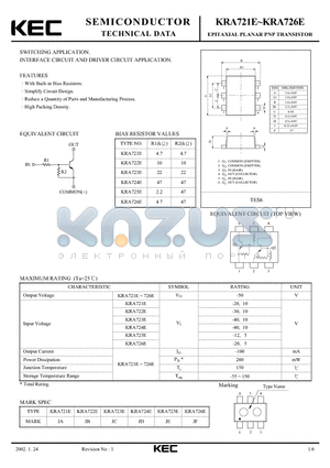 KRA721E datasheet - EPITAXIAL PLANAR PNP TRANSISTOR (SWITCHING, INTERFACE CIRCUIT AND DRIVER CIRCUIT)