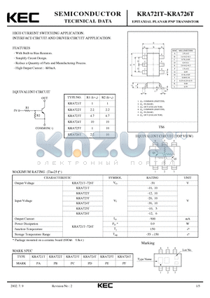 KRA721T datasheet - EPITAXIAL PLANAR PNP TRANSISTOR (HIGH CURRENT SWITCHING, INTERFACE CIRCUIT AND DRIVER CIRCUIT)