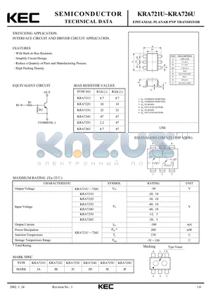 KRA722U datasheet - EPITAXIAL PLANAR PNP TRANSISTOR (SWITCHING, INTERFACE CIRCUIT AND DRIVER CIRCUIT)