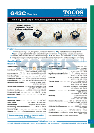 G43CFB105M datasheet - 4mm Square, Single-Turn, Through-Hole, Sealed Cermet Trimmers