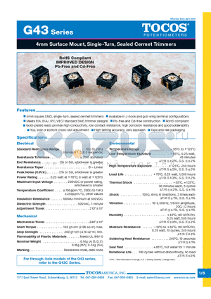 G43SAB100M datasheet - 4mm Surface Mount, Single-Turn, Sealed Cermet Trimmers