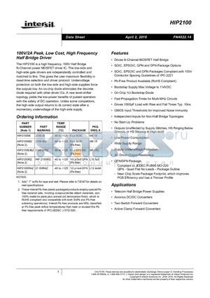HIP2100IBZ datasheet - 100V/2A Peak, Low Cost, High Frequency Half Bridge Driver