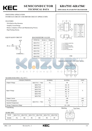 KRA754U datasheet - EPITAXIAL PLANAR PNP TRANSISTOR (SWITCHING, INTERFACE CIRCUIT AND DRIVER CIRCUIT)