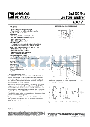 AD8012 datasheet - Dual 350 MHz Low Power Amplifier
