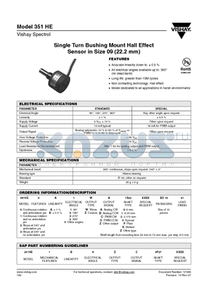 351HE0A2WC datasheet - Single Turn Bushing Mount Hall Effect Sensor in Size 09 (22.2 mm)