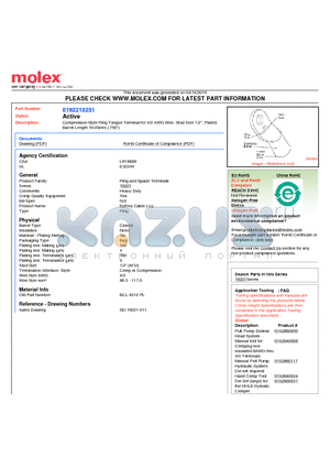 192210251 datasheet - Compression Style Ring Tongue Terminal for 4/0 AWG Wire, Stud Size 1/2