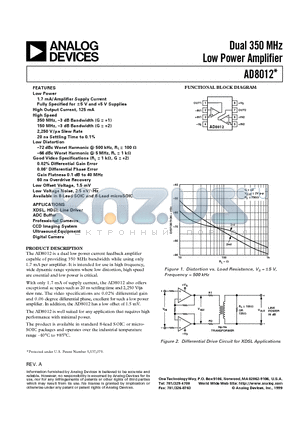 AD8012ARM-REEL7 datasheet - Dual 350 MHz Low Power Amplifier