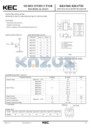 KRA766U datasheet - EPITAXIAL PLANAR PNP TRANSISTOR (SWITCHING, INTERFACE CIRCUIT AND DRIVER CIRCUIT)