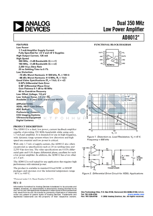 AD8012ARMZ-REEL datasheet - Dual 350 MHz Low Power Amplifier