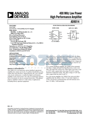 AD8014ART datasheet - 400 MHz Low Power High Performance Amplifier