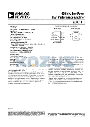 AD8014 datasheet - 400 MHz Low Power High Performance Amplifier