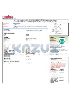 192210410 datasheet - Compression Style Ring Tongue Terminal for 8 AWG Wire, Stud Size 3/8