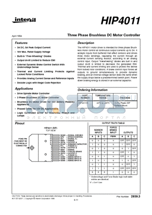 HIP4011IS datasheet - Three Phase Brushless DC Motor Controller