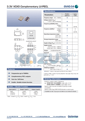 GVXO-54 datasheet - 3.3V VCXO Complementary LV-PECL