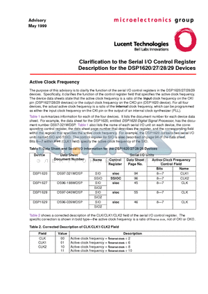 DSP1627 datasheet - Clarification to the Serial I/O Control Register Description for the DSP1620/27/28/29 Devices