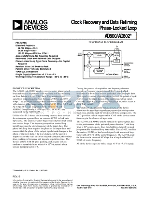 AD802 datasheet - Clock Recovery and Data Retiming Phase-Locked Loop