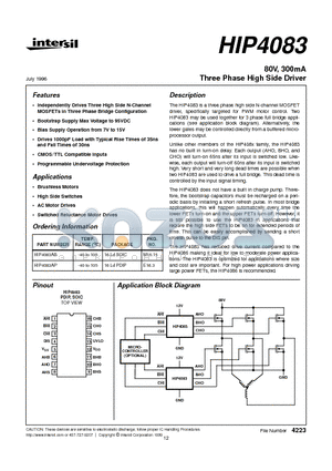 HIP4083 datasheet - 80V, 300mA Three Phase High Side Driver