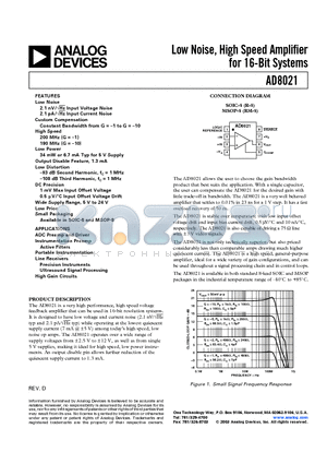 AD8021 datasheet - Low Noise, High Speed Amplifier for 16-Bit Systems