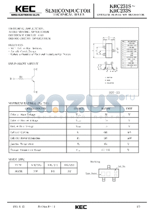 KRC232S datasheet - EPITAXIAL PLANAR NPN TRANSISTOR (SWITCHING, AUDIO MUTING, INTERFACE CIRCUIT AND DRIVER CIRCUIT)