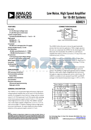 AD8021ARMZ datasheet - Low Noise, High Speed Amplifier for 16-Bit Systems