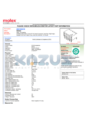 90152-2210 datasheet - 2.54mm (.100) Pitch C-Grid III PC Board Connector, Dual Row, Right Angle, Straight PCB Pins 0.38lm (15l) Gold (Au) Selective, 10 Circuits