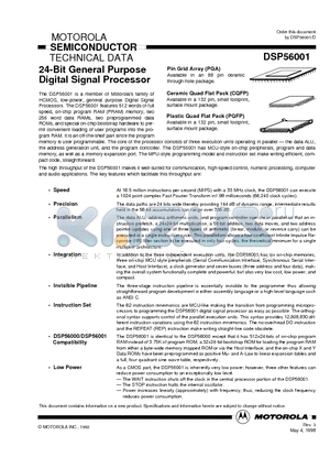 DSP56001FE20 datasheet - 24-Bit General Purpose Digital Signal Processor