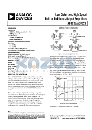 AD8027 datasheet - Low Distortion, High Speed Rail-to-Rail Input/Output Amplifiers