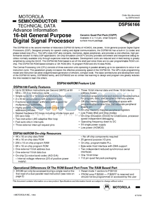 DSP56166ROM datasheet - 16-bit General Purpose Digital Signal Processor