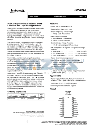 HIP6004ACB datasheet - Buck and Synchronous-Rectifier (PWM) Controller and Output Voltage Monitor
