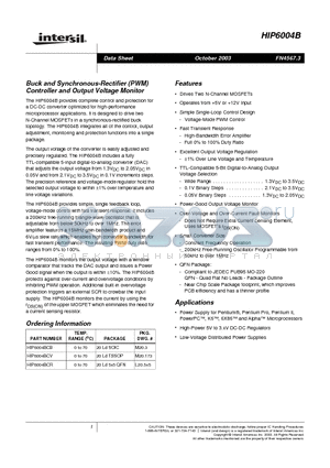 HIP6004BCR datasheet - Buck and Synchronous-Rectifier (PWM) Controller and Output Voltage Monitor