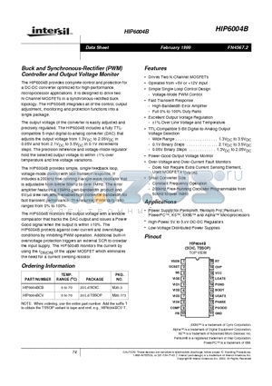 HIP6004BCV datasheet - Buck and Synchronous-Rectifier (PWM) Controller and Output Voltage Monitor