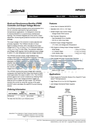 HIP6004CB datasheet - Buck and Synchronous-Rectifier (PWM) Controller and Output Voltage Monitor