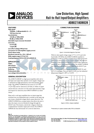 AD8028AR-REEL7 datasheet - Low Distortion, High Speed Rail-to-Rail Input/Output Amplifiers